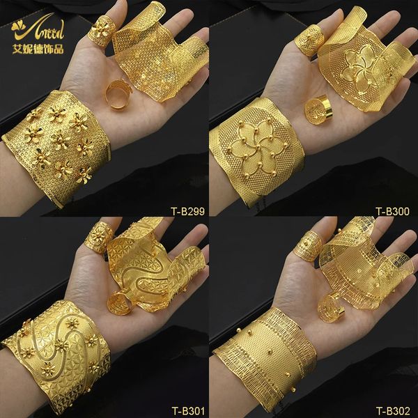 Aniid indiano 24k banhado pulseiras com anel para mulheres africano árabe charme ouro cor pulseira jóias dubai nigeriano presente de casamento 240228