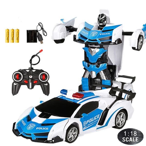 Carros 24cm 1:18 rc carro brinquedo transformação remota robô uma deformação chave elétrica brinquedo de controle remoto carros de polícia para crianças menino e01