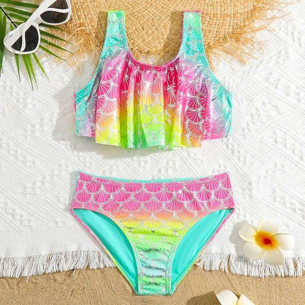 Swim wear meninas escala de peixe sereia biquíni maiô crianças ombre plissado duas peças crianças roupa de banho 4-18 anos adolescente maiô beachwear 240229