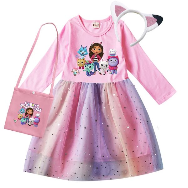 Платья для маленьких девочек, платья с героями мультфильмов Gabbys Cats, детская одежда для кукольного домика Gabby, Рождественский костюм для косплея, повседневное платье для девочек, сумка, повязка на голову