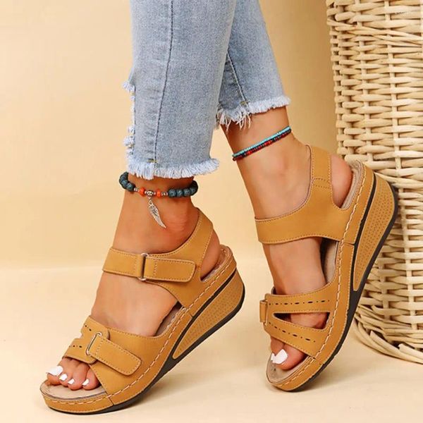 Sandálias femininas verão aberto dedo do pé fivela sapatos de salto cunha clássico casual tornozelo cinta ao ar livre caminhada diária