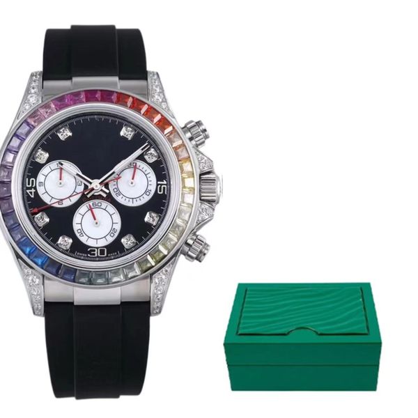 Мужские часы -дизайнер смотрит, как Moissanite смотрит на наручные часы бизнес радужный круг размер 41 -мм резиновый ремешок из нержавеющей стали мода роскошная алмазная радужная радуга Дейтон