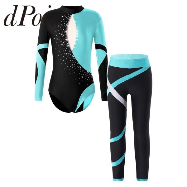 Roupas Ginástica Ginástica Mumnsuit Kids Girls Manga longa Shiny Rhinestones Ballet Ginástica Folas de ginástica com leggings para luta de patinação de ioga