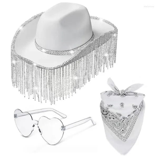 Berretti 3 pezzi Occhiali da sole a forma di cuore per adulti Fazzoletto da cowboy Set di cappelli da cowboy per carnevale Sposa con decorazioni di nappe