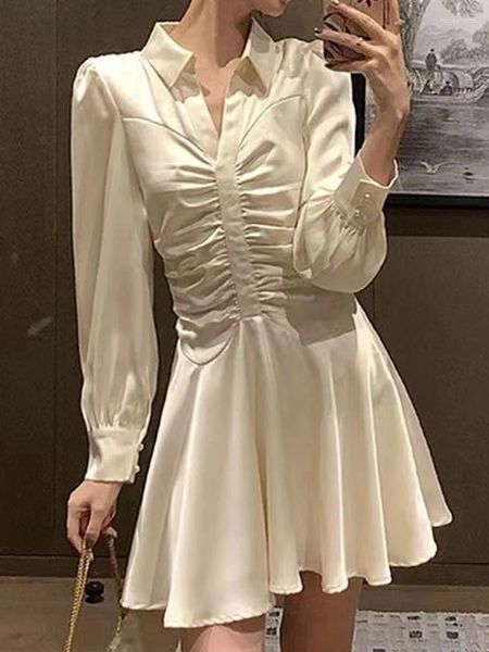 Vestidos casuais branco mini vestido verão manga longa curto senhoras elegante v pescoço vestido de festa moda feminina plissado vestidos para mujer