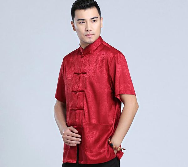 Heißer Verkauf Neue Chinesische Stil Vintage männer Seide Satin Hemd Sommer Casual Kurzarm Bluse Kung Fu Tai Chi Tang anzug Größe M L XL XXL XXXL