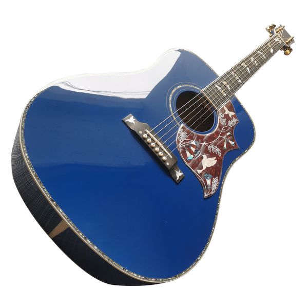 41-Zoll-Vollholz-High-End-Gitarre mit schwarzen Fingern und blauem Kolibri