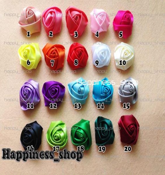 Whole100pcslot kann Farben auswählen DIY Baby Kids 4cm Satin Rollband Rose Blumen Polyesterstoff Rosetten Haarzubehör7508044