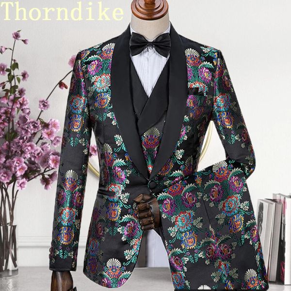 Suits Thorndike yakışıklı ucuz siyah jacquard takım elbise takım elbise, erkekler için smokin resmi takım elbise için özel yapım smokin (ceket+yelek+pantolon)