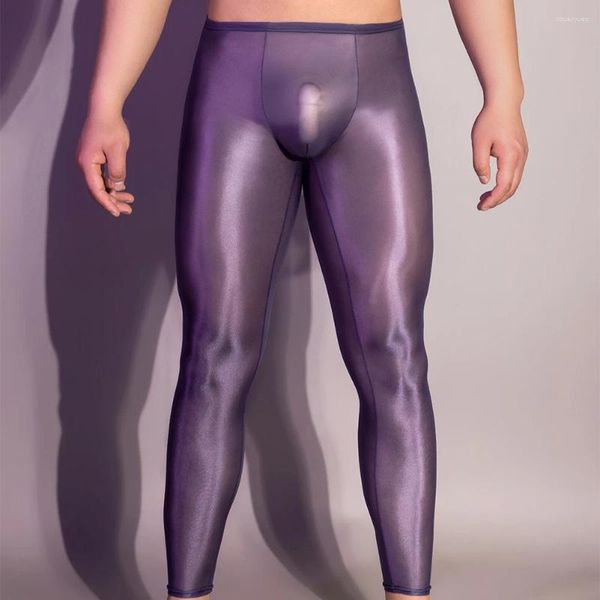 Calcinha feminina l brilhante sexy ultrafina masculina vê através de perneiras de seda de gelo long Johns lounge calça de calça adormecida