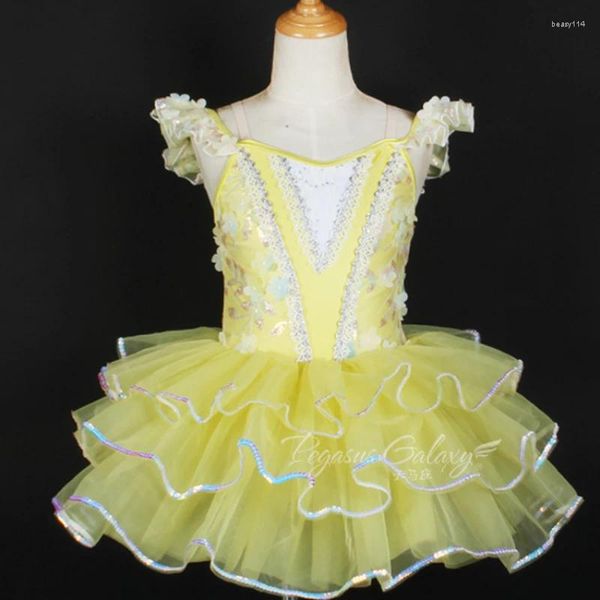 Сценическая одежда для девочек, желтый балетный костюм с открытыми плечами, платье для выступлений с блестками для женщин, танцевальная одежда «Лебединое озеро»