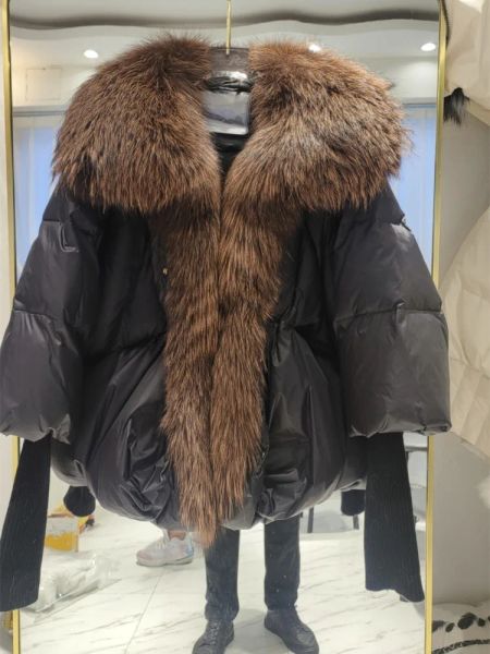 Pelz Amerikanische Mode Luxus Oberbekleidung Neue Ente Daunenjacke Winter Frauen Mantel Super Große Echt Silber Fuchs Pelz Kragen mit stricken Ärmel