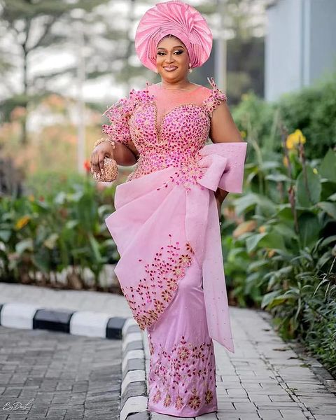 Mais novo rosa vestidos de noite appligue mangas compridas folwer aso ebi vestido de baile personalizado comprimento total africano feminino formal vestidos de festa