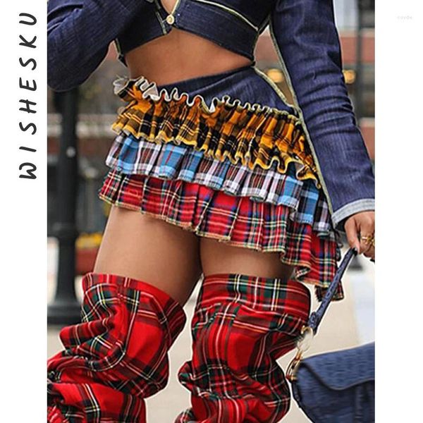 Röcke Sexy Unregelmäßige Plaid Nähte Denim Mini Rock Frauen Hohe Taille A-linie Kurze 2024 Frühling Herbst Geburtstag Grunge Kleidung