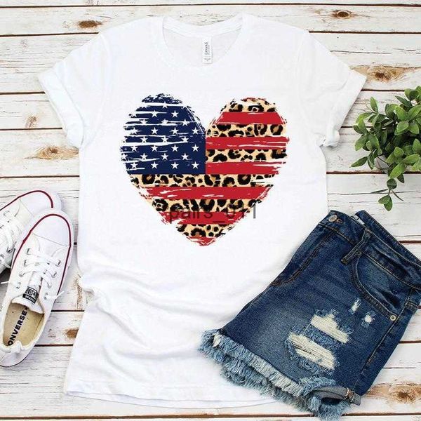 Blusas femininas camisas camisas bandeira americana leopardo EUA 4 de julho camisa de manga curta algodão o pescoço streetwear moda gota gráfica 240229