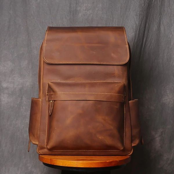 Mochila masculina de couro vintage, grande capacidade, 15.6 espaços, bolsa para laptop, couro crazy horse, retrô, viagem, faculdade, escola