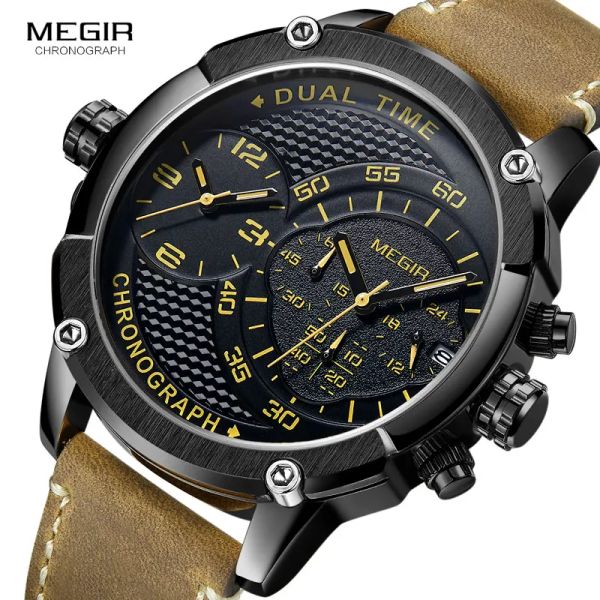 Relógios Megir Masculino Duplo Fuso Horário Cronógrafo Relógios de Quartzo À Prova D 'Água Lumious Pulseira De Couro Esportes Do Exército Relógio de Pulso para Homem 2093gbk