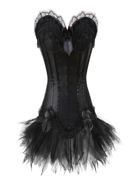 women039s sexy corsetto overbust nero e abito bustier in raso con minigonna in PIZZO lingerie cincher in vita S2XL7855248