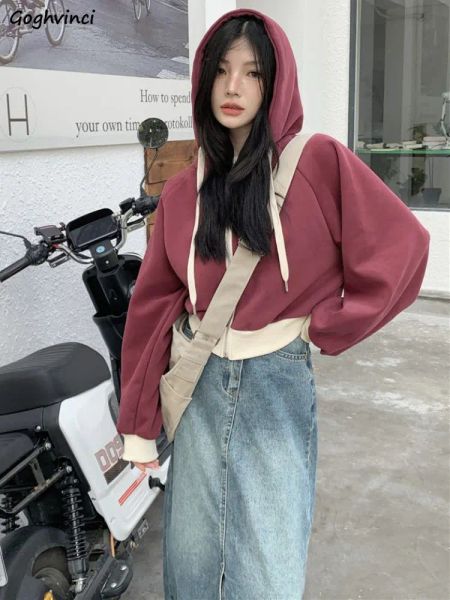 Moletons recortados zipup hoodies com chapéu feminino ulzzang estilo preppy jovem moda colegiais chique baggy ins allmatch retro streetwear