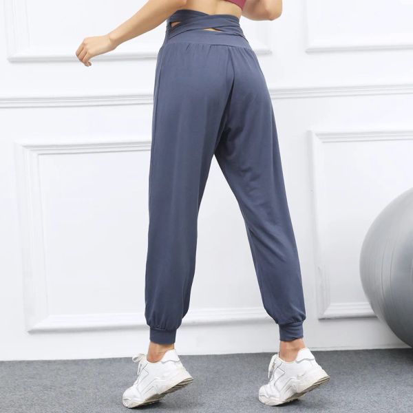 Pantolon rahat uyum yoga pantolon kadın yumuşaklık joggers yüksek bel arka çapraz koşan pantolon kadın gevşek spor salonu pantolon