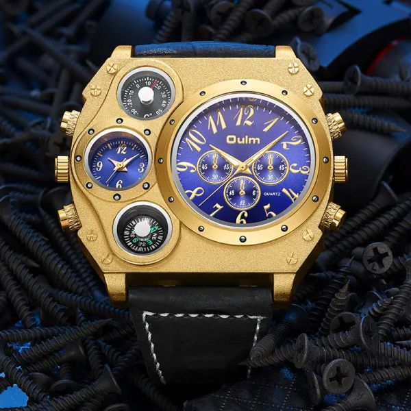Часы Oulm 1349, спортивные часы с большим циферблатом, мужские брендовые кварцевые наручные часы, декоративный компас, военные кожаные часы, мужские часы