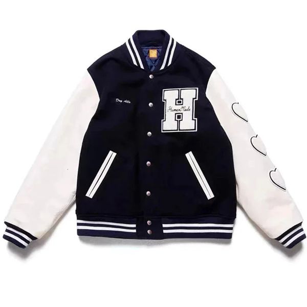 H Lettera Baseball Varsity Giacca Uomo Oversize Donna Cappotti Manica in pelle Blu navy Cuore Flock Vintage Baggy Jaqueta Masculina 240222