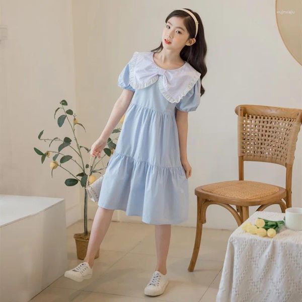 Vestidos de menina coreano verão júnior vestido de uma peça elementar arco decote manga bolha fofo escola elegante