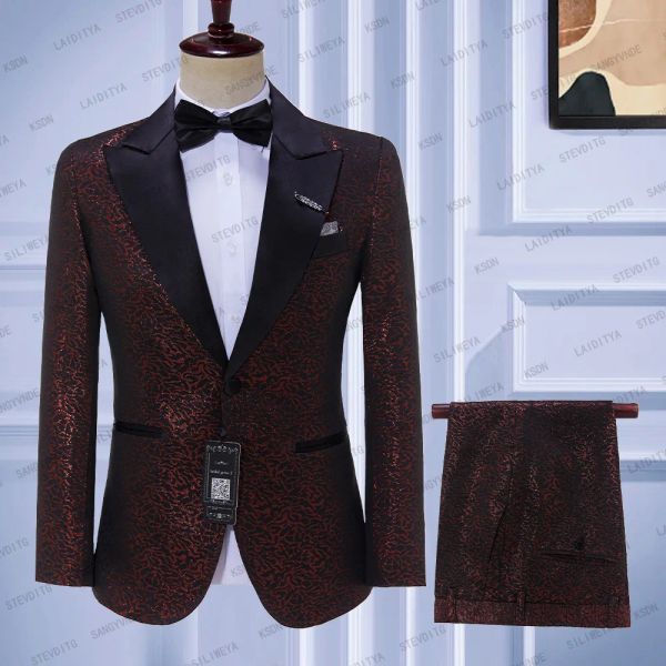 Anzüge 2023 Neue Ankunft Rot Schwarz Jacquard Smoking Anzug Für Männer Hochzeit Slim Fit Gentleman Jacken mit Hosen 2 Stück männlichen Kostüm