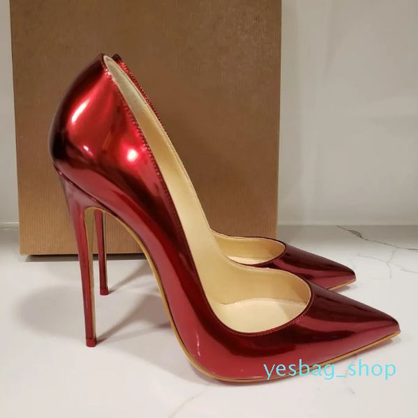 Frete grátis moda feminina bombas de couro vermelho ponto dedo do pé picos sapatos de salto alto sapatos de salto stiletto novo 12cm tamanho grande