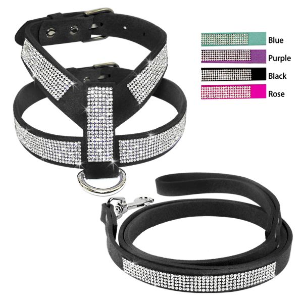 Set Pettorina e guinzaglio per cani in pelle scamosciata con strass Set Pettorina e guinzaglio per animali domestici con morbido diamante Step In per cani di piccola taglia media Chihuahua Yorkshire