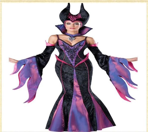 Deluxe Cosplay Lila Kleid Dark Witch Outfits Erwachsene Frauen039s Halloween Kostüm Mit Stehkragen Und Kopfbedeckung4619542