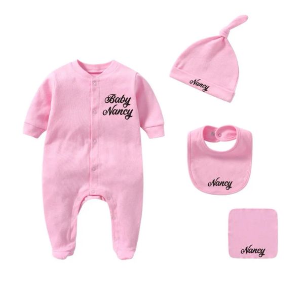 Sets mit individuellem Namen für Neugeborene, Mädchen/Junge, Coming-Home-Outfit, Babyparty-Geschenk, Kleidung, Strampler + Mütze + Lätzchen + Handtuch, 4-teiliges Baumwoll-Neugeborenen-Outfit