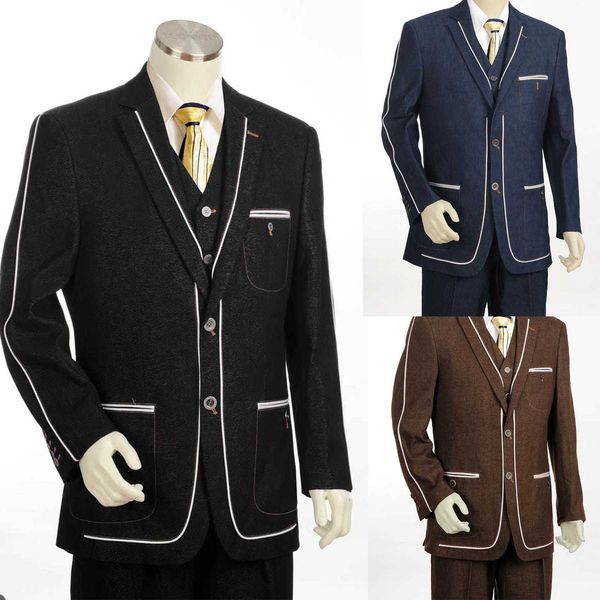 Moderno 3 pezzi abiti da uomo smoking con risvolto con risvolto formato personalizzato frange bianche striscia monopetto 3 tasche giacca + gilet + pantaloni