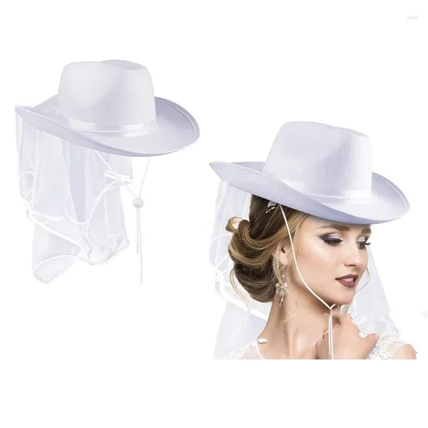 Berretti Novità Sposa Cowgirl Cappello con velo Donna Bianco Cowboy Addio al nubilato Addio al nubilato Costume da addio al nubilato