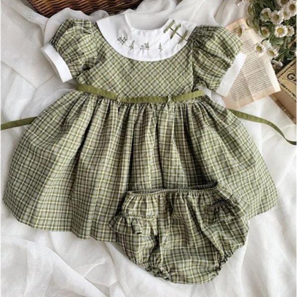 Mädchen Kleider Baby Sommer Vintage Spanisch Plaid Prinzessin Kleid Kinder Puffärmel bestickt süße Baumwolle