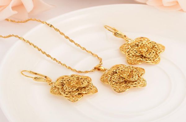 fiore d'oro ciondolo maglione catena collane orecchini colore oro dubai set di gioielli festa di nozze donne ragazze regali6244162