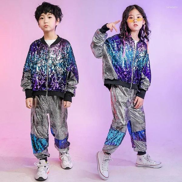 Bühnenkleidung Street Jazz Dance Kostüme für Darsteller Hip-Hop-Paillettenjacken für Kinder Lose silberne Hosen Mädchen und Jungen