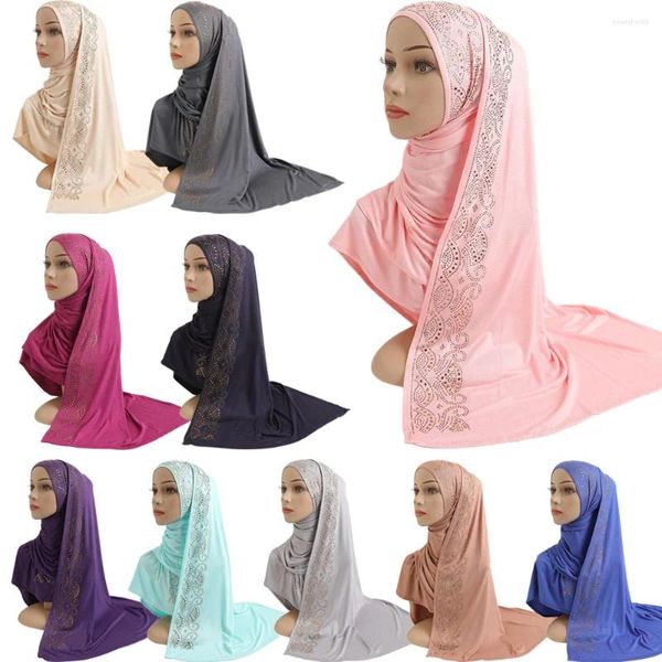 Roupas étnicas Camisa de algodão Hijab Cachecol Cor Sólida Strass Macio Elástico Mulheres Lenço Muçulmano Islâmico Headwrap Turbante Longo Xale