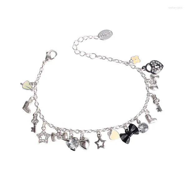 Charm-Armbänder, Intarsien, Kristall, Juwelen, Sterne, Herzen, Schloss, Schleife, Schlüsselanhänger, Armband, modisch, niedlich, Legierung