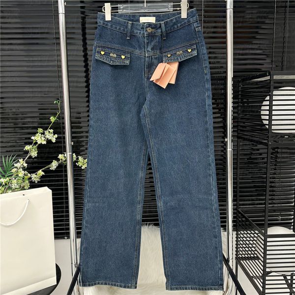 Calças jeans com emblema de metal para mulheres, calças jeans de designer, estilo vintage, calça de perna reta