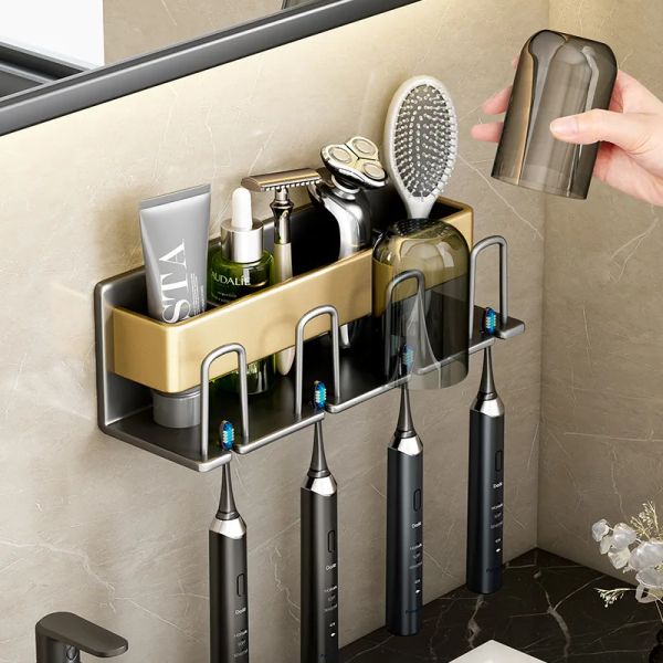 Suportes para escova de dentes, rack de parede para gargarejo sem perfuração, armazenamento para uso doméstico, conjunto de suporte para escova de dentes de parede