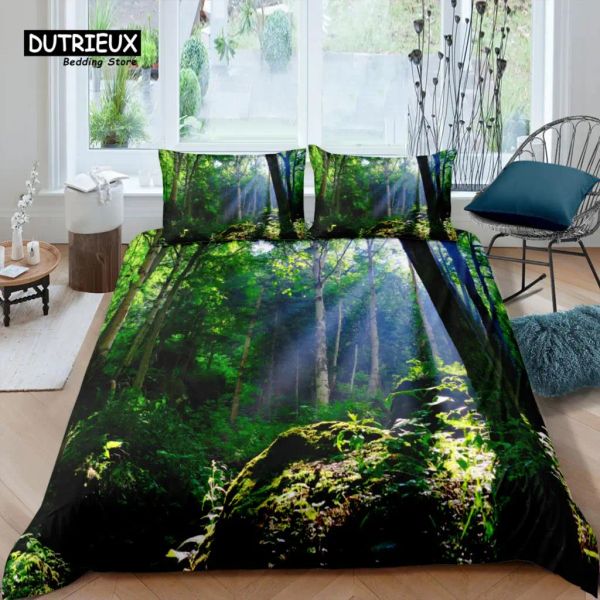 Set Home Living Luxury 3D Forest Bettwäsche Set Bettbedeckung Kissenbezug Kinder Bettwäsche Set Queen und König EU/US/AU/UK Größe Sheer Vorhänge