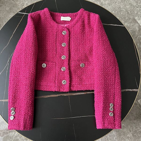 Hohe Qualität Französisch Chic Tweed Gewebt Rosa Frauen Jacke Kurze Mäntel Herbst Westlichen Mode Casual Frau Kleidung 240226