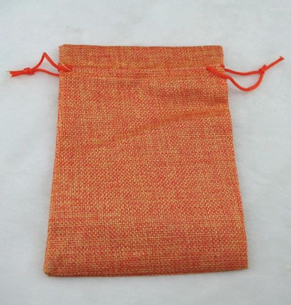 Envoltório de presente 13x18cm 10pcs laranja linho juta saco cordão colar pacote de jóias embalagem de casamento