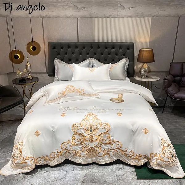 Branco luxo requintado ouro real bordado macio fácil conjunto de cama capa edredão roupa folha plana fronhas # l 240226