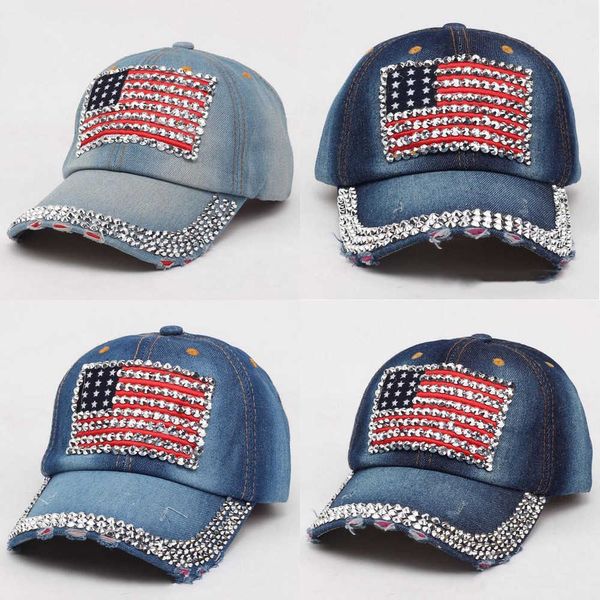 Stilista di moda tempestato di diamanti bandiera americana cappello da cowboy retrò berretto con visiera regolabile cappelli da sole da viaggio all'aperto Classico versatile