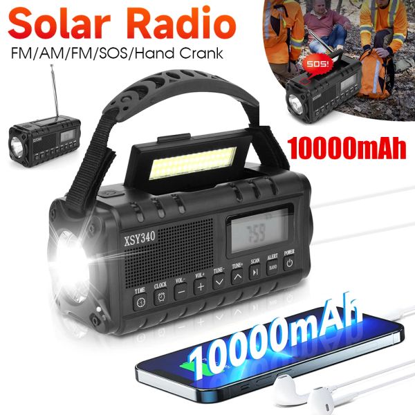 Rádio de emergência energia solar manivela dínamo sos alarme 10000mah carregador telefone banco am/fm tempo lanterna portátil rádio para campin