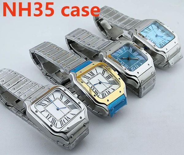 Kits de reparo de relógio nh35 caso quadrado masculino fivela dobrável roma dial aço inoxidável relógios de pulso mecânicos ajuste movimento