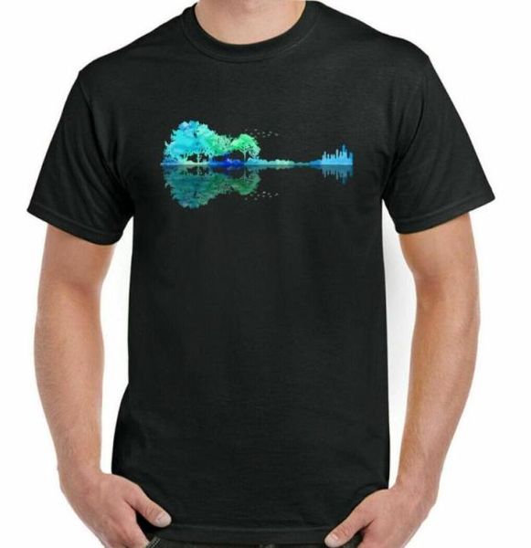 Men039s футболки ГИТАРА футболка электрический акустический бас рок-н-ролл группа музыка отражение озеро топ4499045
