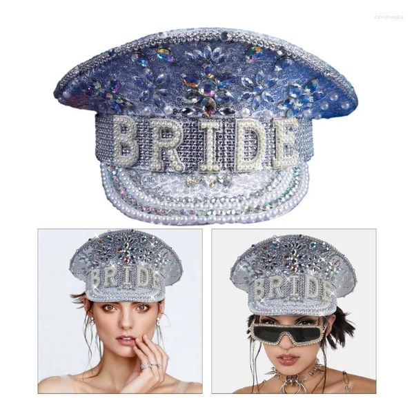 Berretti Cappello da sposa con diamanti grandi Oggetti di scena per matrimoni Paillettes bianche e perle incrostate per l'addio al nubilato di fidanzamento